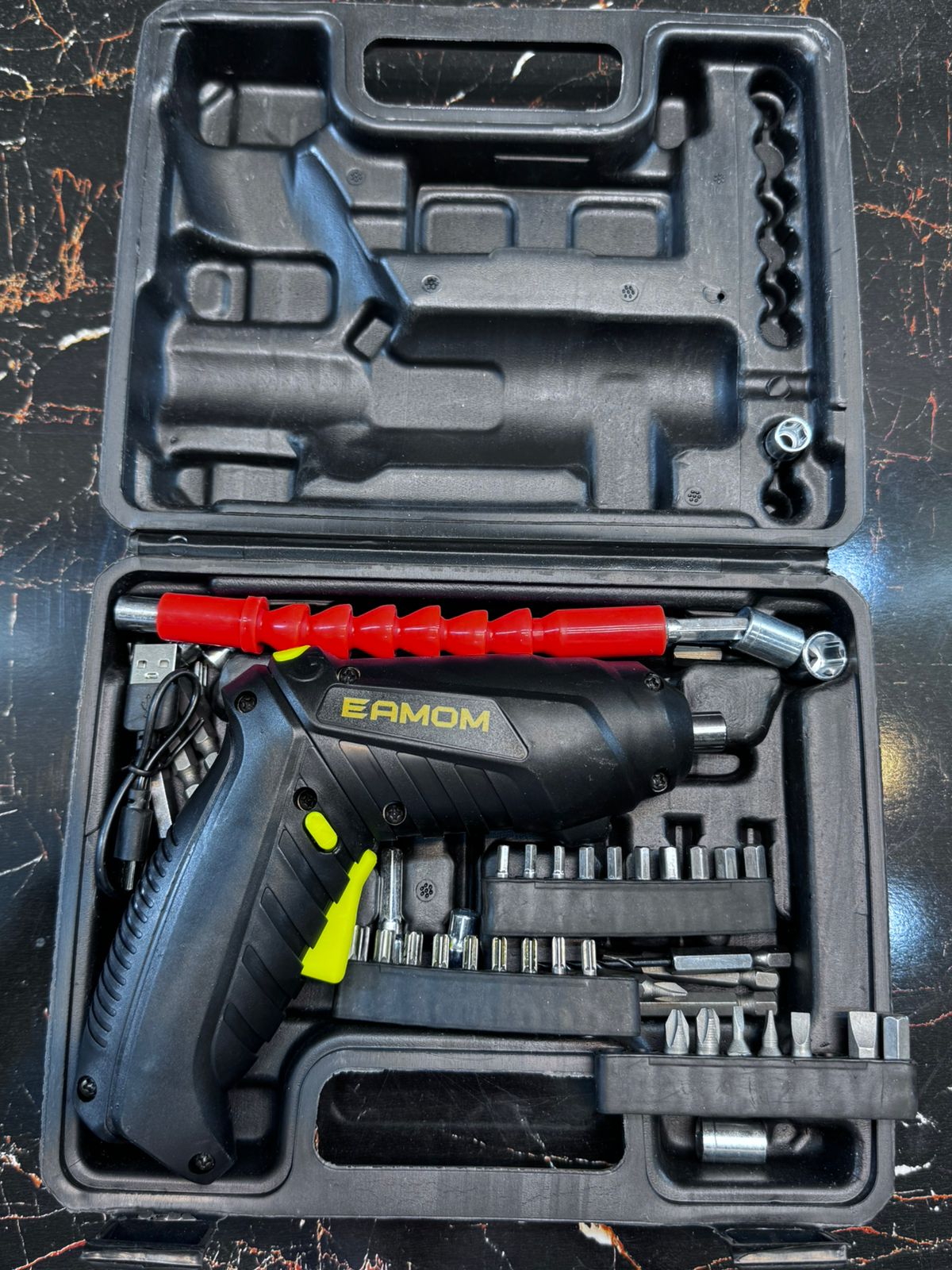 EAMOM cordless electric screwdriver and drill tool kit - front view